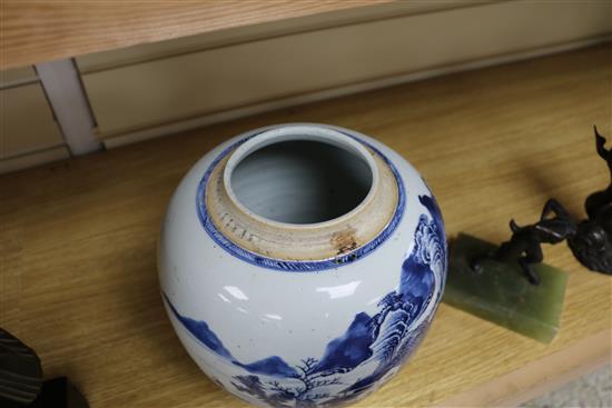 A Chinese blue and white ovoid jar, 18th century, total height 23.5cm including pierced wood cover